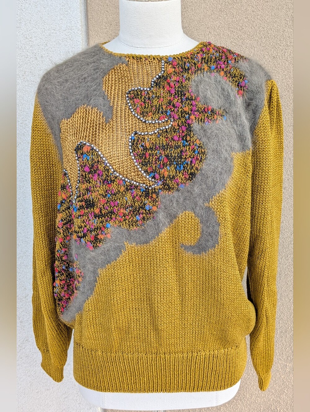 Vintage Franco Valeri Mustard Yellow Intarsia Rhinestone Mohair Style Sweater L